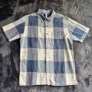 Crossby Mens XL Blue Plaid Patchwork Textured 100% Cotton Short Sleeve Shirt